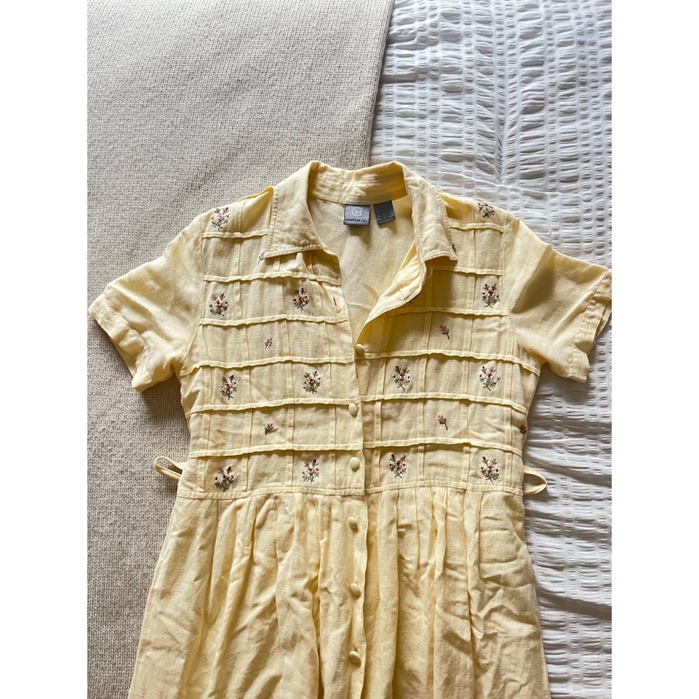 Yellow vintage 90s button up dress with tie waist.